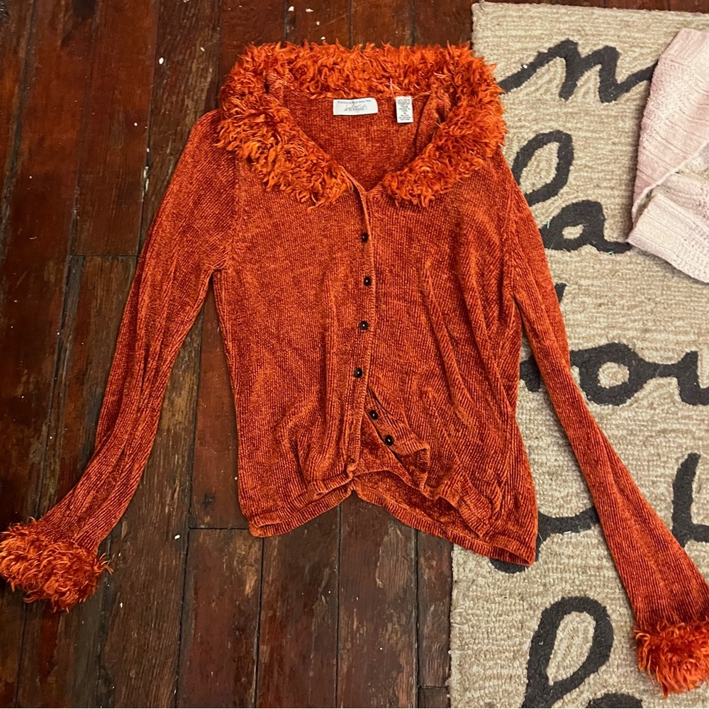 Lord & Taylor Orange Fuzzy Collar Blouse